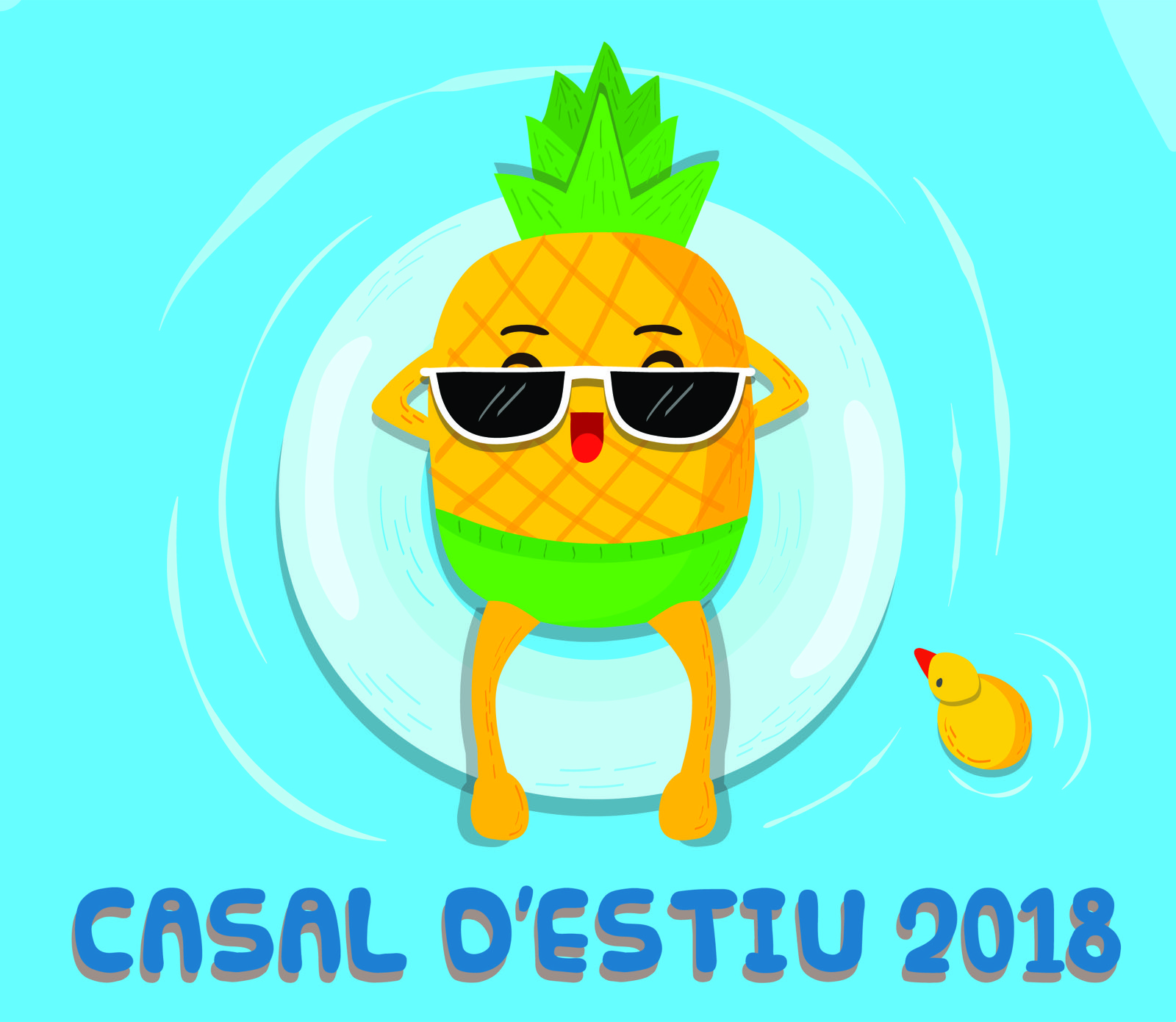 Cartell del Casal d'estiu 2018, amb una pinya amb ulleres de sol en un flotador